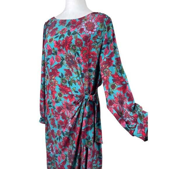 Talbots Midi Dress 14 Floral Jewel Tone Teal Red Faux Wrap Side Tie Long Sleeve - Picture 5 of 16
